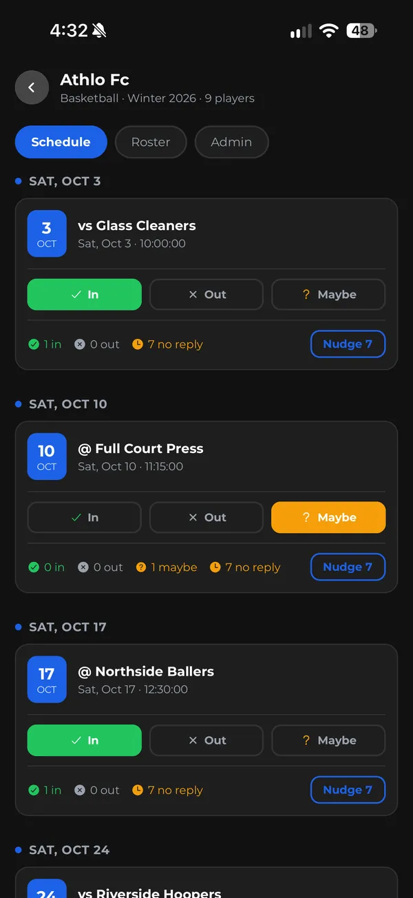 Athlo team schedule with In, Out and Maybe responses and a Nudge reminder button