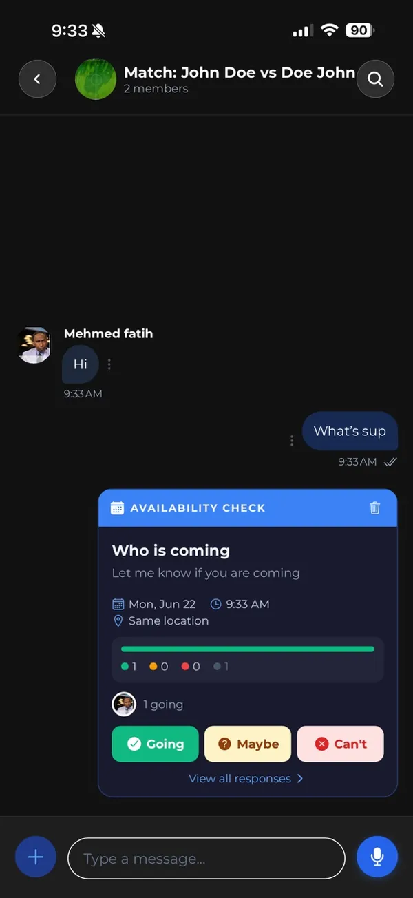 Match chat thread with fan reactions and voice messages