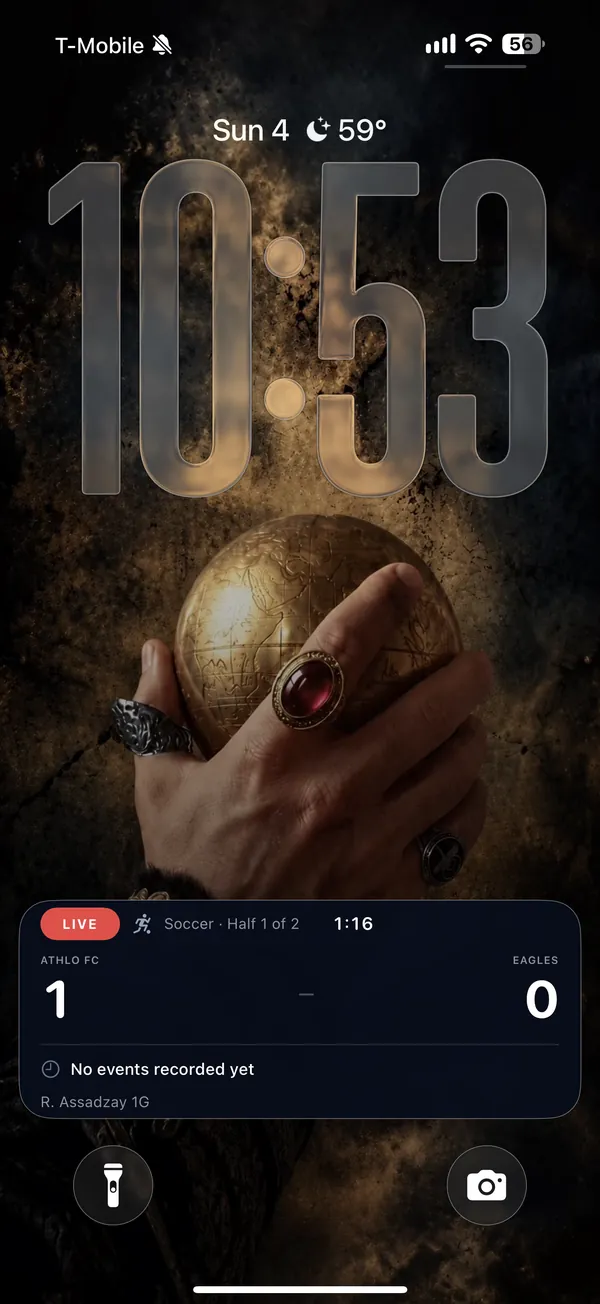 Athlo Live Activity showing a live soccer score on the iPhone Lock Screen