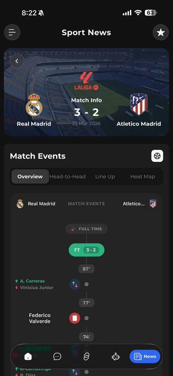 Athlo live match detail with score and play-by-play