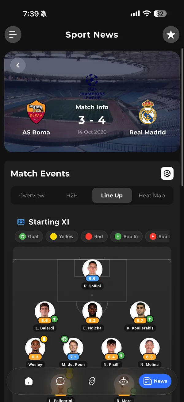 Athlo live match screen with score, match events and starting lineups