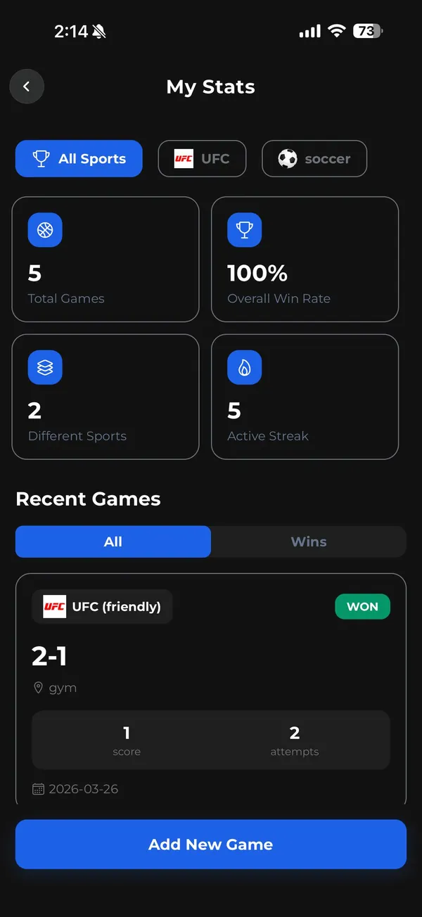 Athlo personal stats screen tracking games played