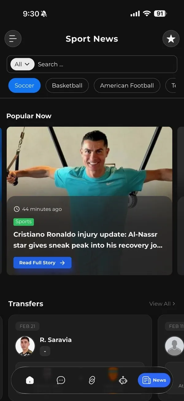 Athlo sports news feed with transfers and injury updates