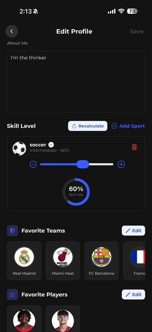 Athlo user profile with favourite teams and activity
