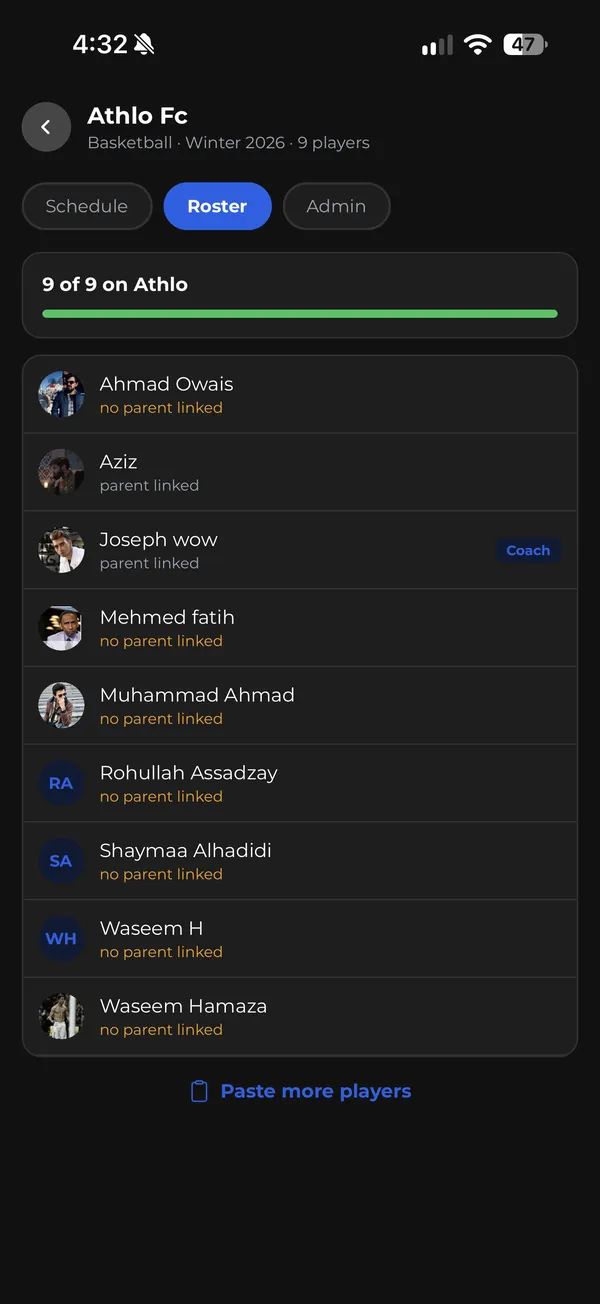 Athlo team roster showing which young athletes have a parent linked