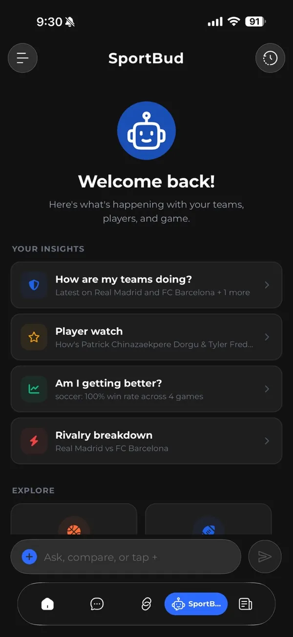 SportBud AI chat giving sports insights and team comparisons