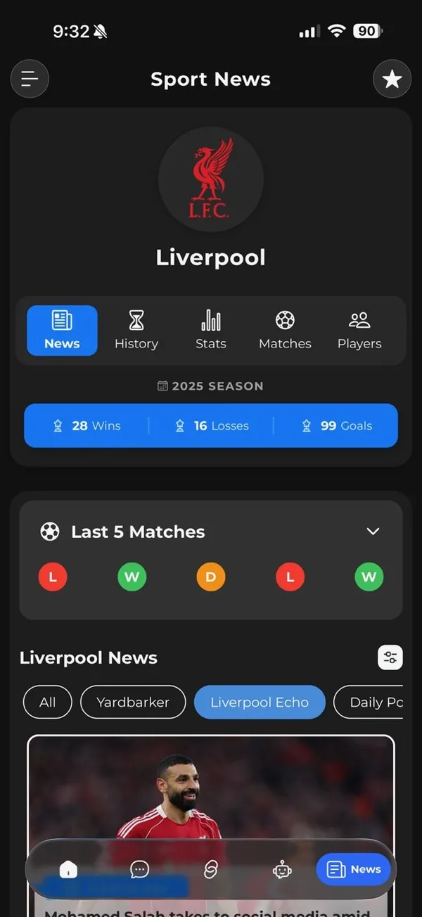 Athlo team page showing squad stats and season form