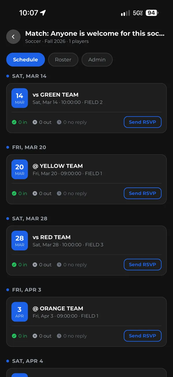 Athlo season schedule with upcoming games and Send RSVP buttons