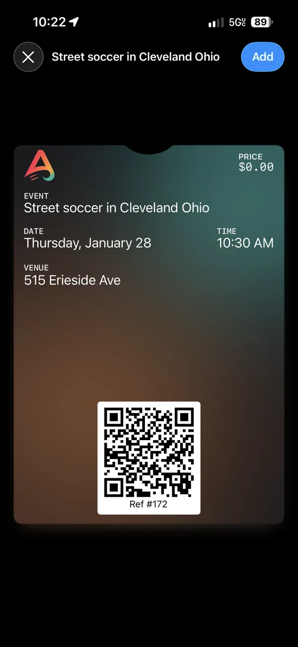 Athlo event ticket with a QR code, ready to add to Apple Wallet